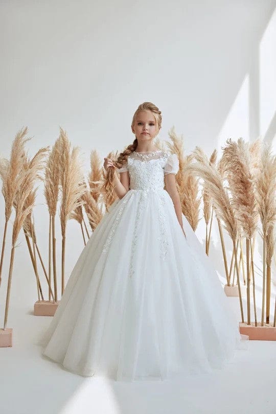 3m / Off White Sunnypetal Exquisite Off White Puff Sleeves Appliques Tulle Flower Girl Dresses Wedding Dress