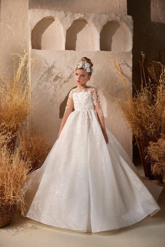 3m / Off-White Sunnypetal Off-White Long Sleeve Lace Appliques Sequins Glitter Tulle Flower Girl Dresses