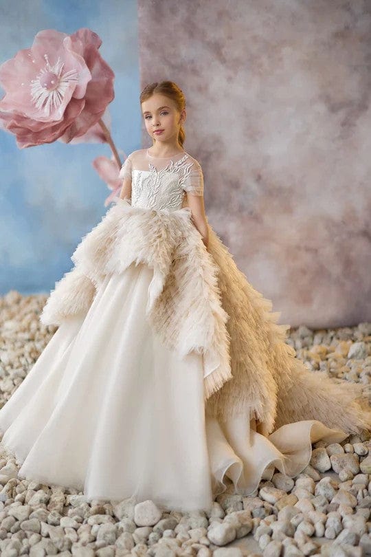 3m / Picture Color Sunnypetal Short Sleeves Long Princess Tulle Flower Girl Dresses Communion Gown