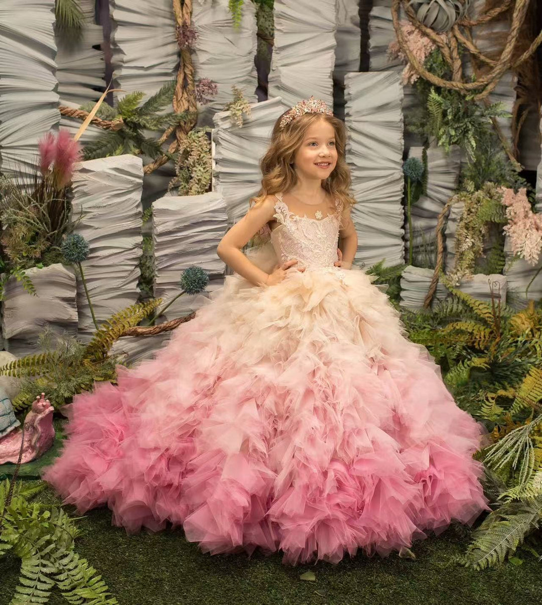 3m / Pink Gradient Sunnypetal Pink Gradient Puffy Tulle Flower Girl Dresses Sleeveless Appliques Pearls Ball-Gown