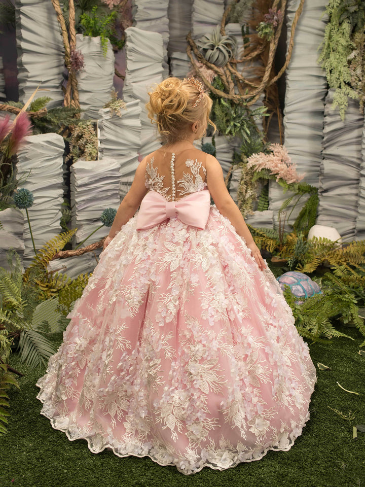 3m / Pink Sunnypetal Ball-Gown Lace Appliques Floor-Length Kids Flower Girl Dresses With 3D Floral