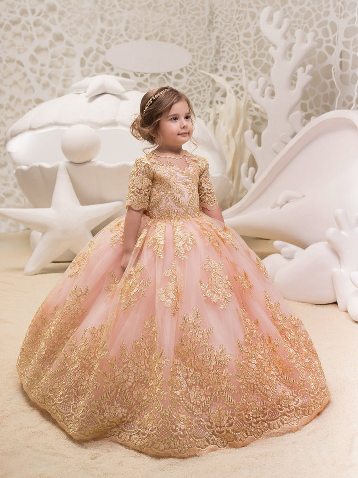 3m / Pink Sunnypetal Ball Gown Pink Tulle Flower Girl Dresses Half sleeves Gold Appliques Princess Dress