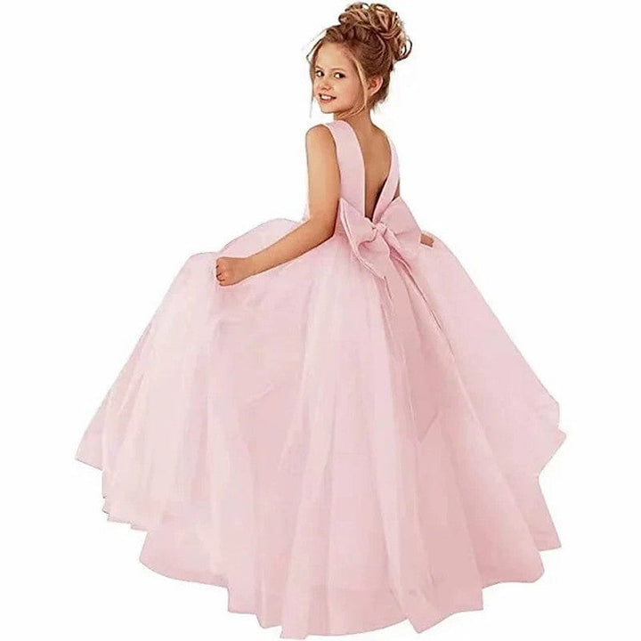 3m / Pink Sunnypetal Ball-Gown Satin Bow Tulle Pearls Floor-Length Flower Girl Dress