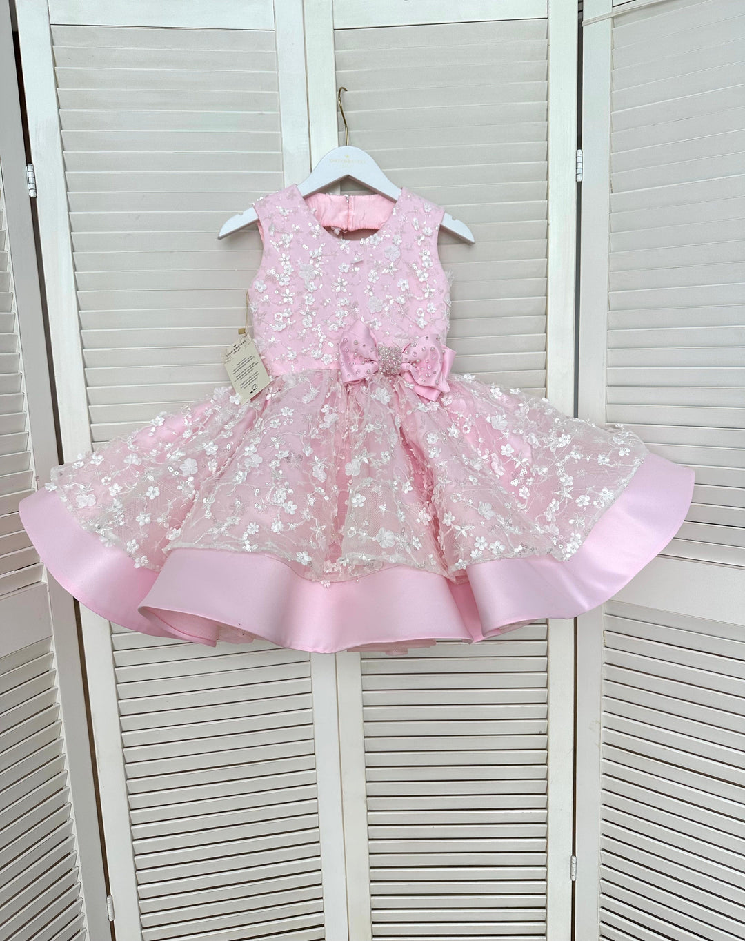 3m / Pink Sunnypetal Beige Tulle Appliques Sequins Knee Length Pearls Bow Kids Flower Girl Dress