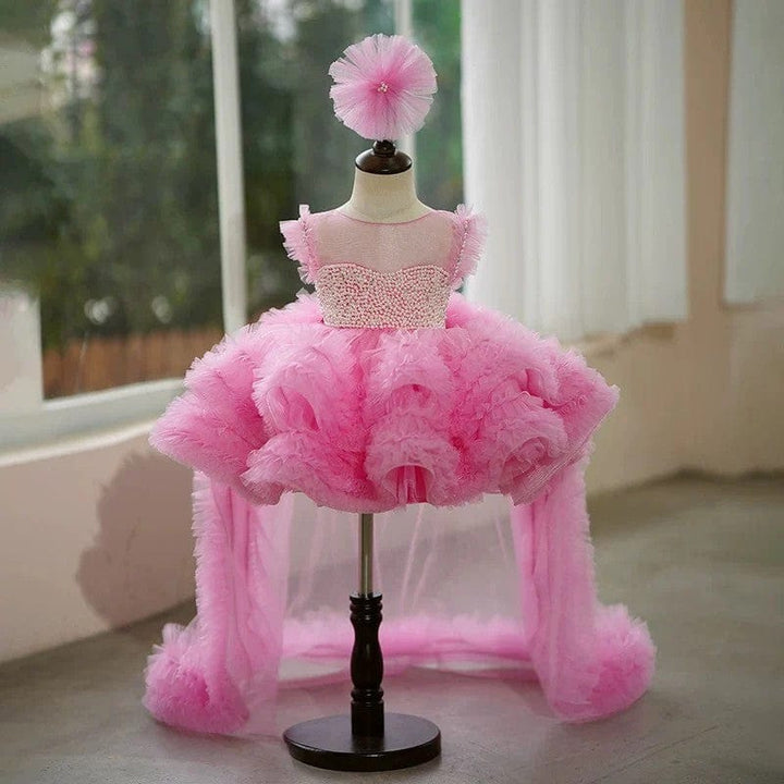 3m / Pink Sunnypetal Exquisite Tulle Asymmetrical Ball-Gown Birthday Party Baby Girl Dress