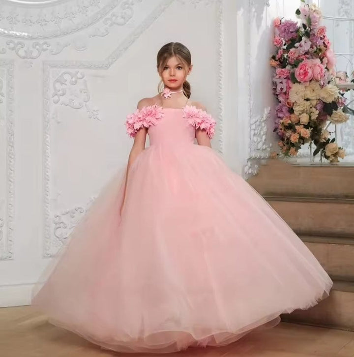 3m / Pink Sunnypetal Flower Girl Dress 3D Floral Off The Shoulder Tulle Birthday Kids Ball Gowns