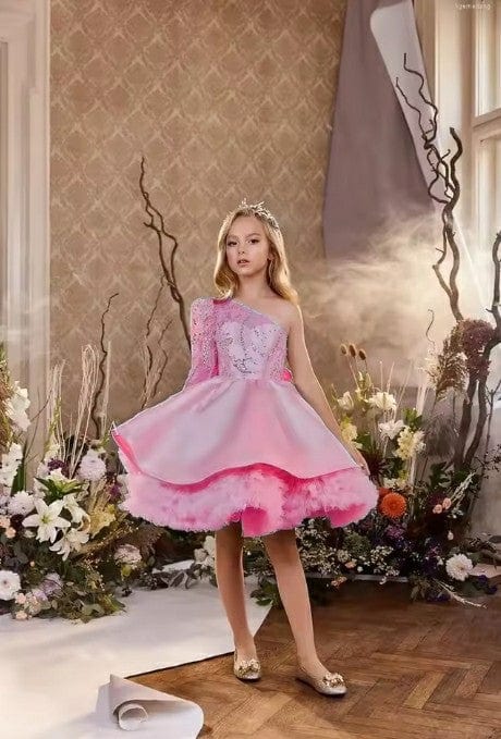 3m / Pink Sunnypetal One Shoulder Single Seeve Satin Flower Girl Dresses Beaded Knee Length Party Dress