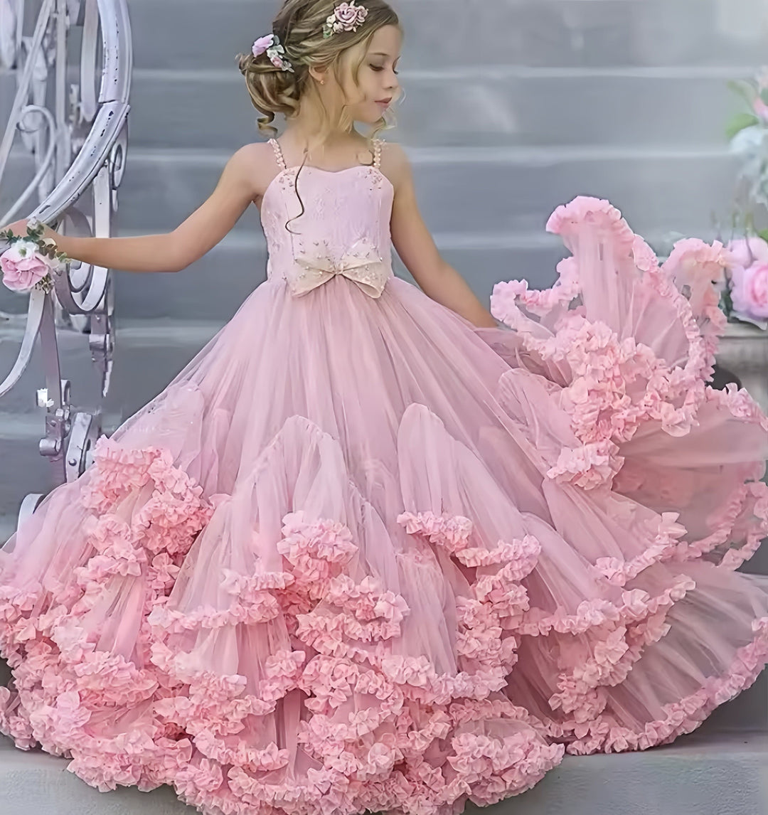 3m / Pink Sunnypetal Pink Kids Flower Girl Dresses Tulle Beaded Bow Pageant Gowns With Train