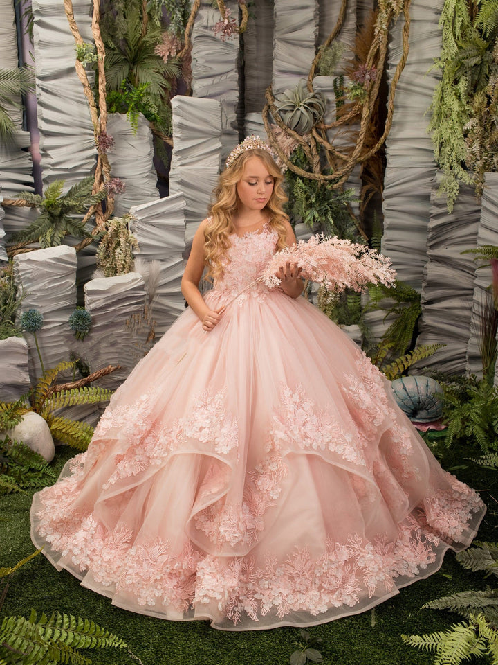 3m / Pink Sunnypetal Pink Lace Appliques Floral Flower Girl Dresses Birthday Party Princess Dresss