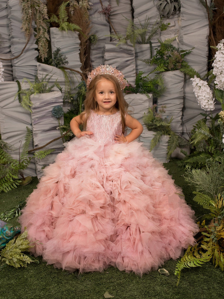 3m / Pink Sunnypetal Pink Puffy Tulle Kids Flower Girl Dresses Crystal Feather Shiny Bodice Birthday Ball-Gown