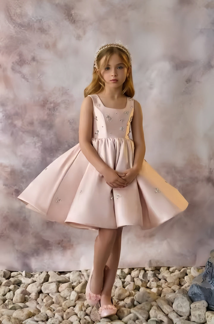 3m / Pink Sunnypetal Pink Sleeveless Satin Flower Girl Dresses Square Neck Beaded Knee-Length Dress