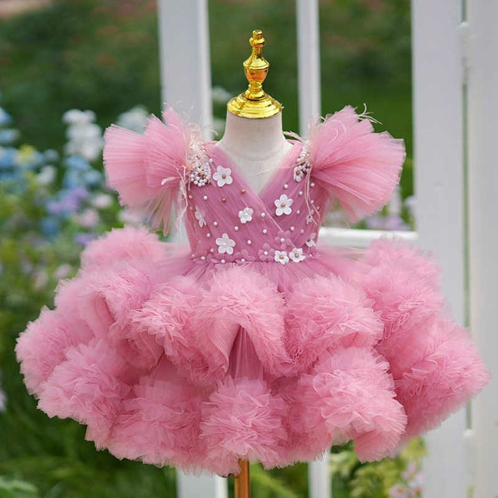 3m / Pink Sunnypetal Pink Tulle Ruffles Flower Girl Dress Pearls Knee-Length Birthday Toddler Dresses