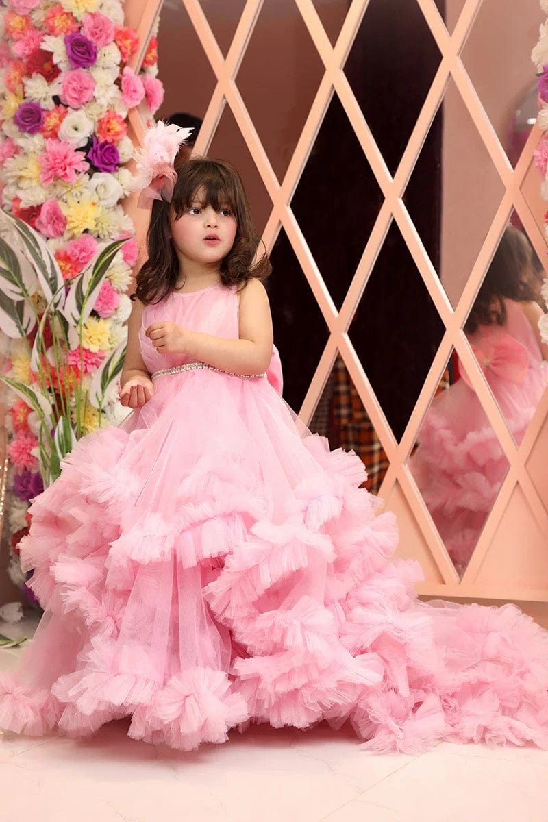 3m / Pink Sunnypetal Pink Tulle Sleeveless Flower Girl Dresses Blossom Ruffled Train Dress