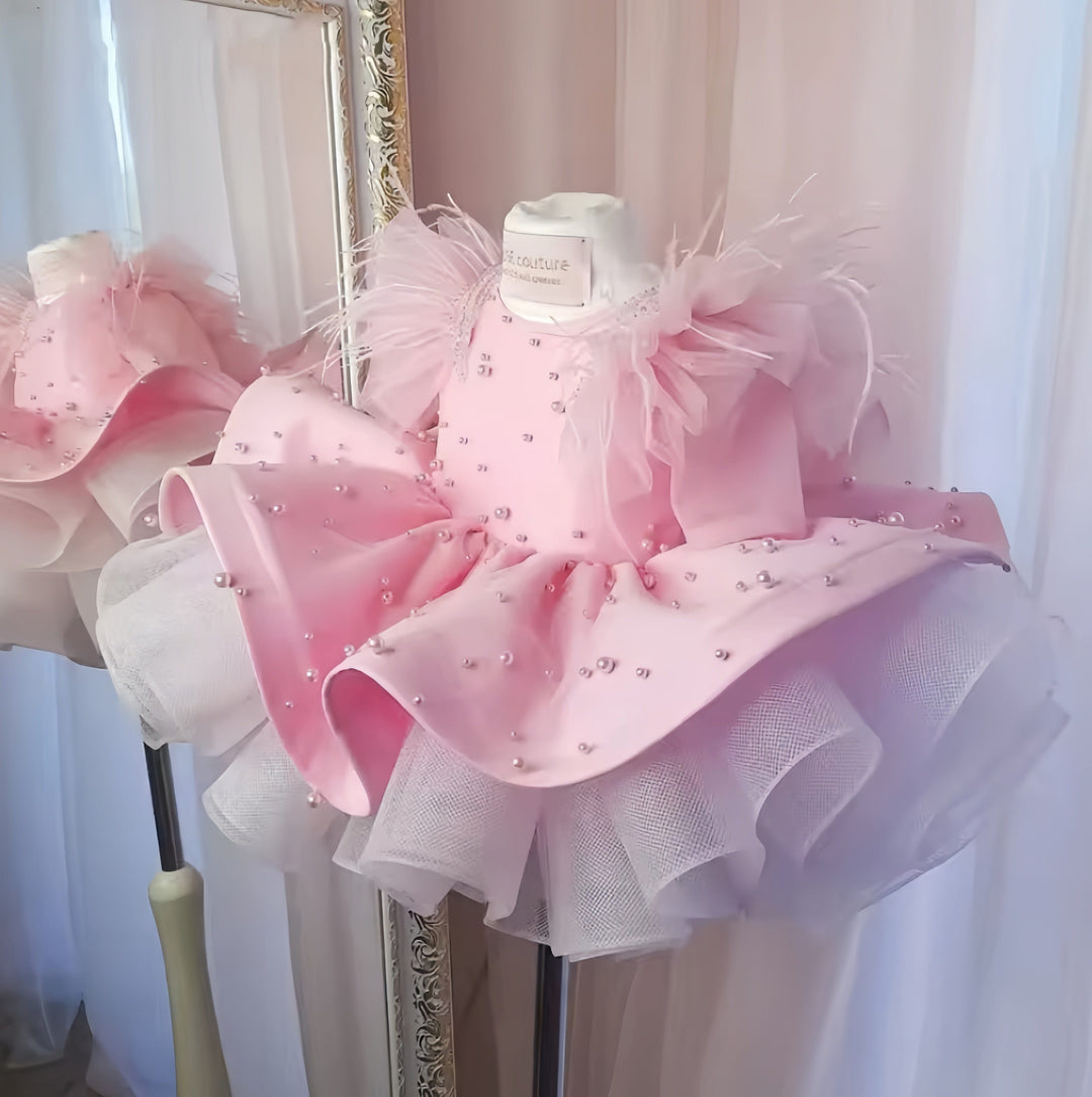 3m / Pink Sunnypetal Satin Baby Toddler Flower Girl Dresses Pearls Bow Feather Birthday Party Dress