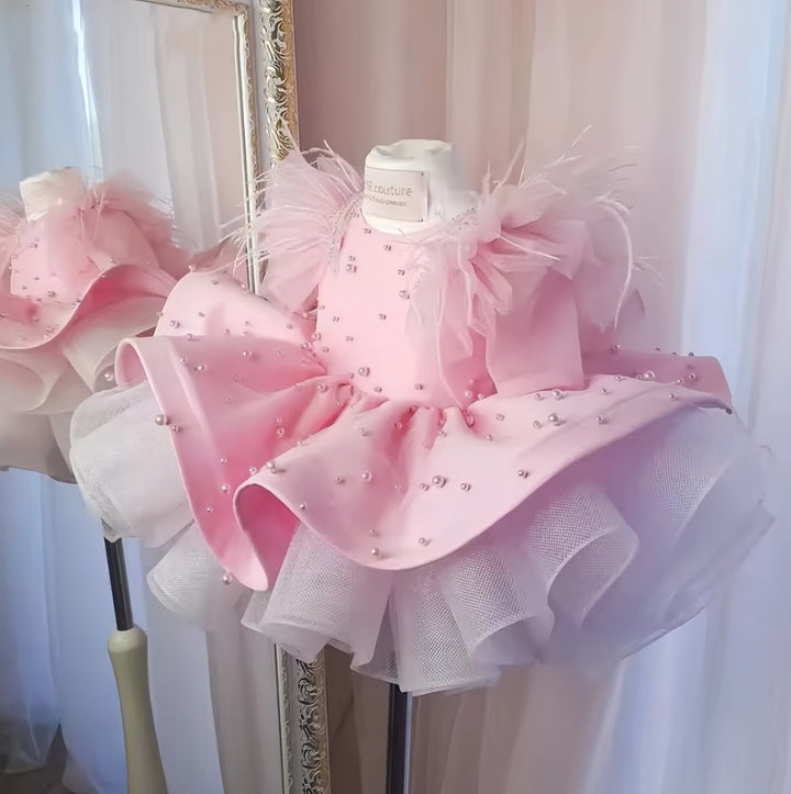 3m / Pink Sunnypetal Satin Baby Toddler Flower Girl Dresses Pearls Bow Feather Birthday Party Dress