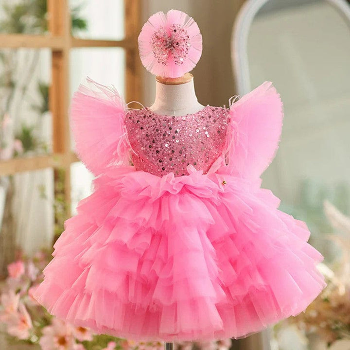 3m / Pink Sunnypetal Sequins Puffy Tulle Color Gradient Knee-length Birthday Party Baby Girl Dress