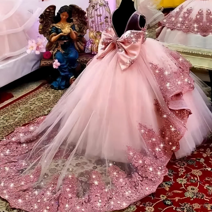 3m / Pink Sunnypetal Sparkling Flower Girl Dress With Bow Lace Applique Beaded Baby Lovely Pageant Ball Gown