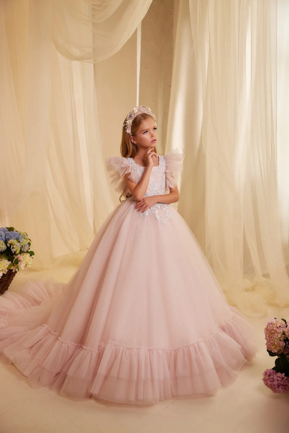 3m / Pink Sunnypetal Square Neck Tulle Ruffles Dress Appliques Sequins Ball Gown Flower Girl Dresses