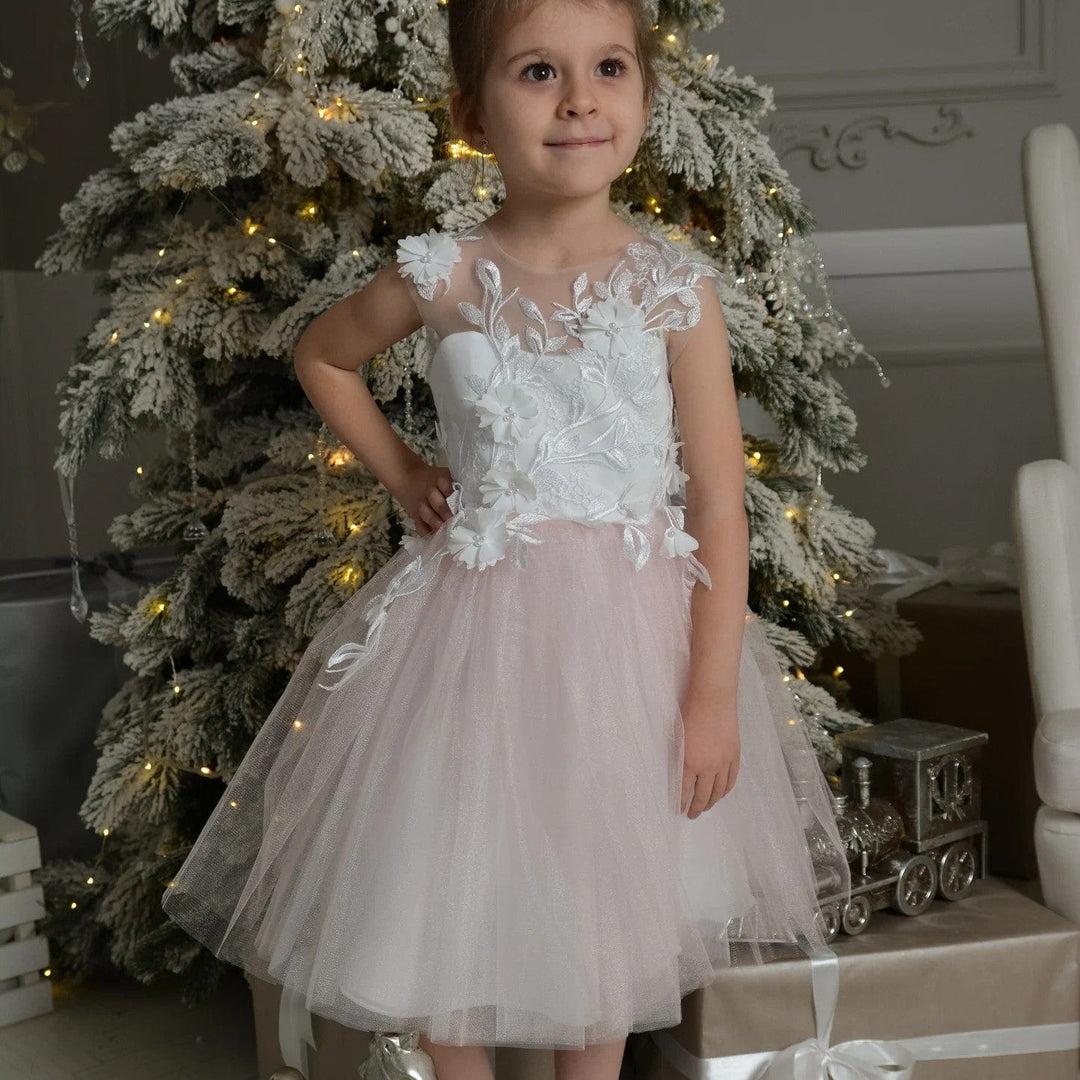 3m / Pink Sunnypetal Tulle Applique Sleeveless Knee-Length Kids Flower Girl Dress with 3D Floral/Bow