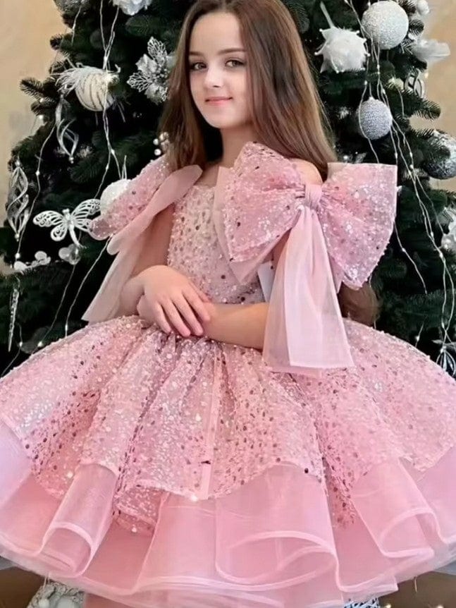 3m / Pink Sunnypetal Tulle Flower Girl Dresses Knee Length Glitter Sequins Toddler Pageant Ballet Tutu Dress