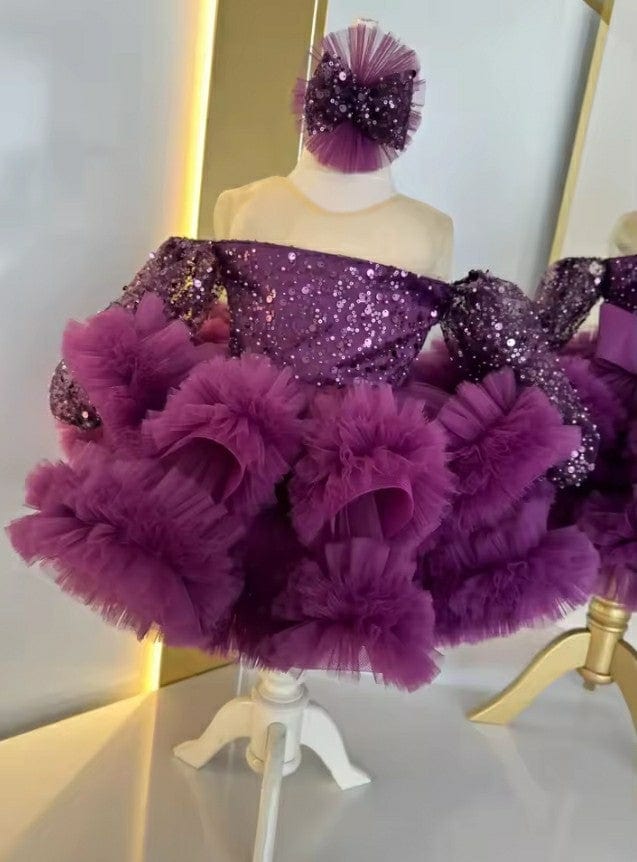 3m / Purple Sunnypetal Off Shoulder Glitter Sequins Baby Toddler Puffy Tulle Short Flower Girl Dress