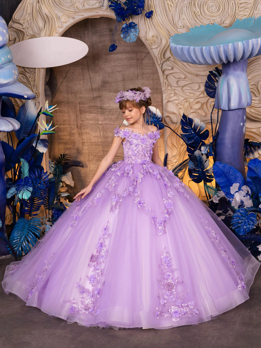 3m / Purple Sunnypetal Off-The-Shoulder Purple Appliques Sequins Tulle Floral Flower Girl Dresses With Train