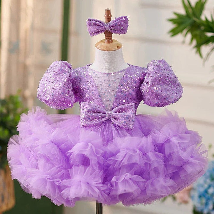 3m / Purple Sunnypetal Puff Sleeves Sequins Tulle Knee-Length Ball-Gown Baby Girl Dress