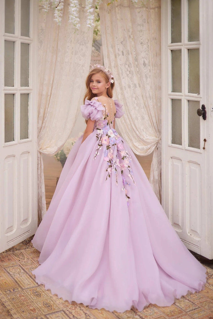 3m / Purple Sunnypetal Purple Chiffon Flower Girl Dress Bow Puffy Sleeves Lace Appliques Wedding Gowns