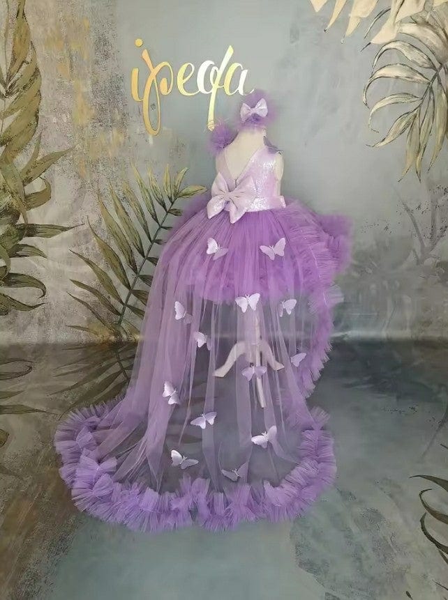 3m / Purple Sunnypetal Purple Flower Girl Dresses Children 3D Butterfly Tulle Dress Sequins Bow