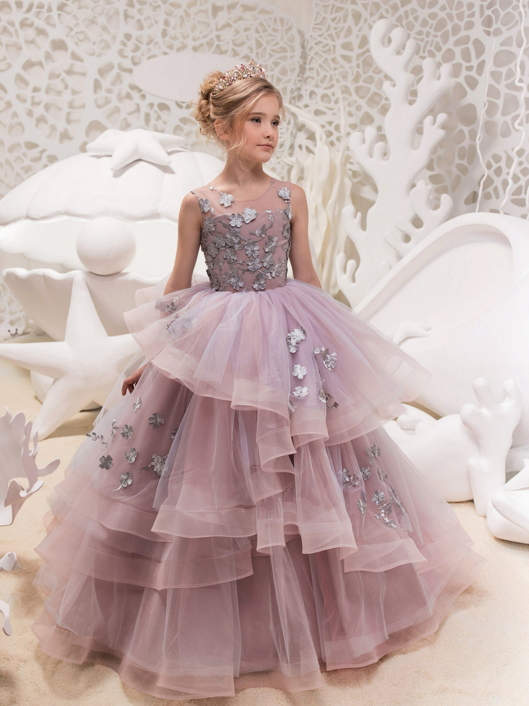 3m / Purple Sunnypetal Purple Flower Girl Dresses Sleeveless Bodice Appliques Floor-Length Ball-Gown