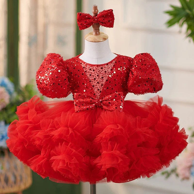 3m / Red Sunnypetal Puff Sleeves Sequins Tulle Knee-Length Ball-Gown Baby Girl Dress