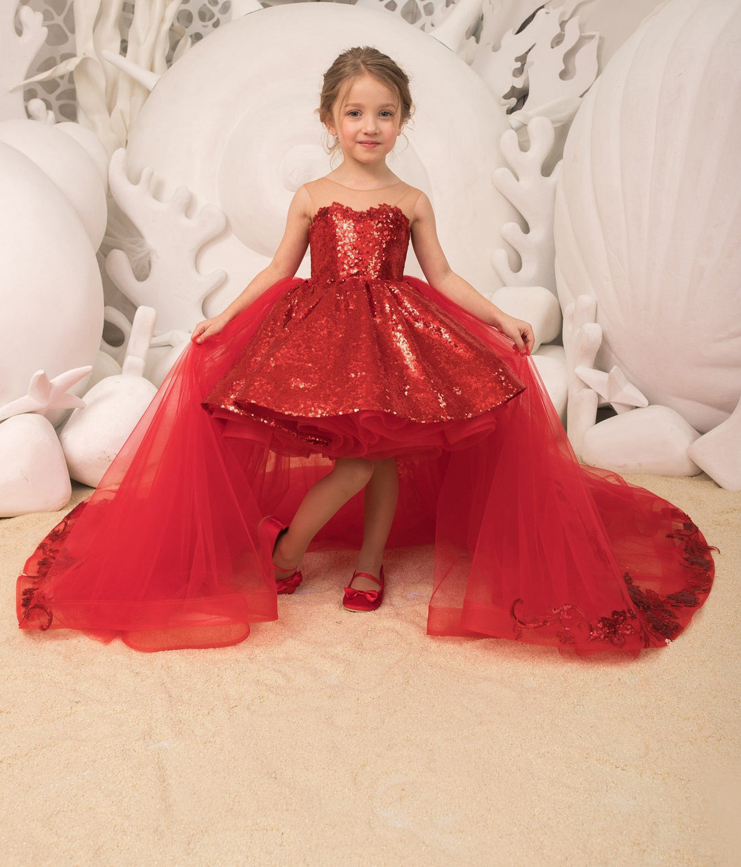 3m / Red Sunnypetal Red Ball-Gown Knee-Length Tulle Lace Sequins Bow Child Flower Girl Dress