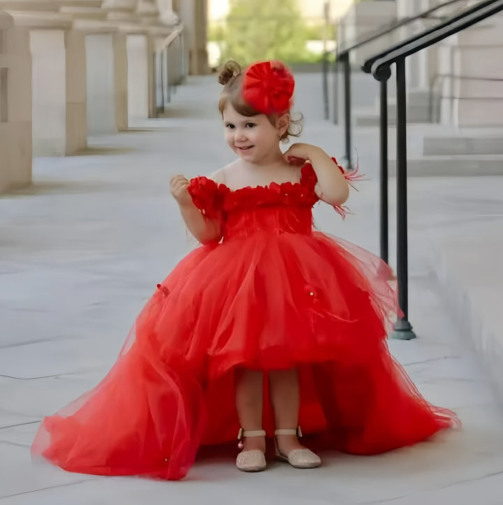 3m / Red Sunnypetal Red Cute Flower Girl Dress High-Low Off Shoulder Applique Tulle Baby Dress