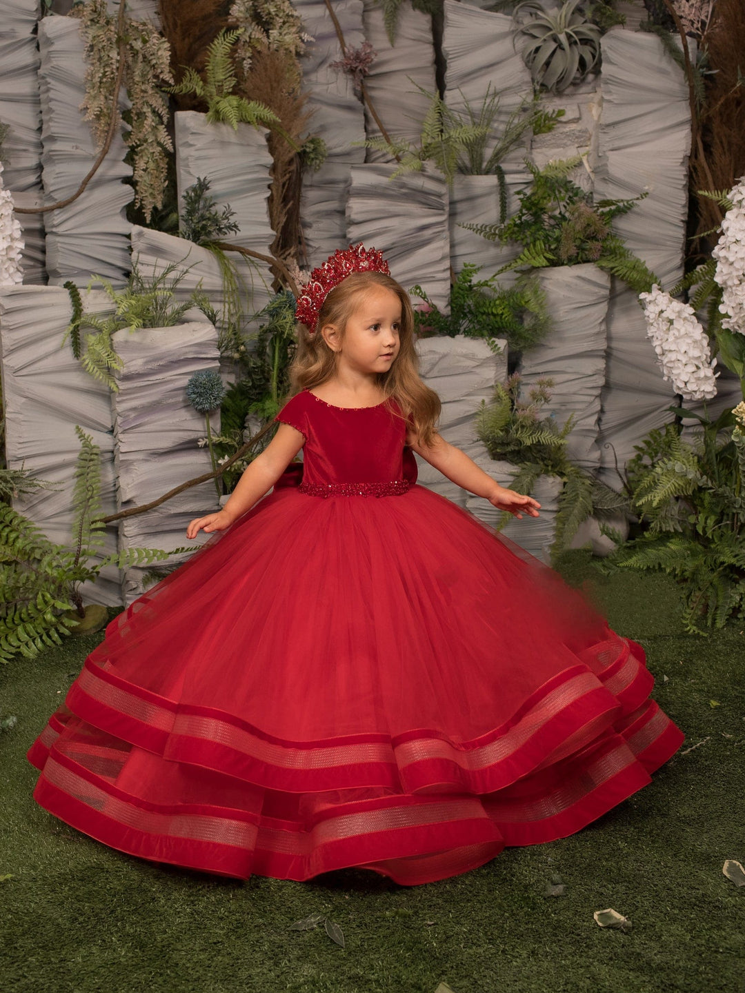 3m / Red Sunnypetal Red Tulle Flower Girl Dresses Beading Sequins Bow Floor-Length Princess Dress