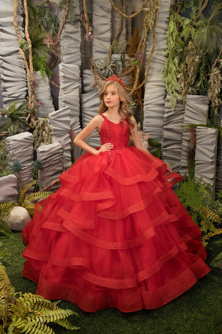 3m / Red Sunnypetal Red V-Neck Spaghetti Straps Appliques Bodice Shiny Tulle Flower Girl Dresses