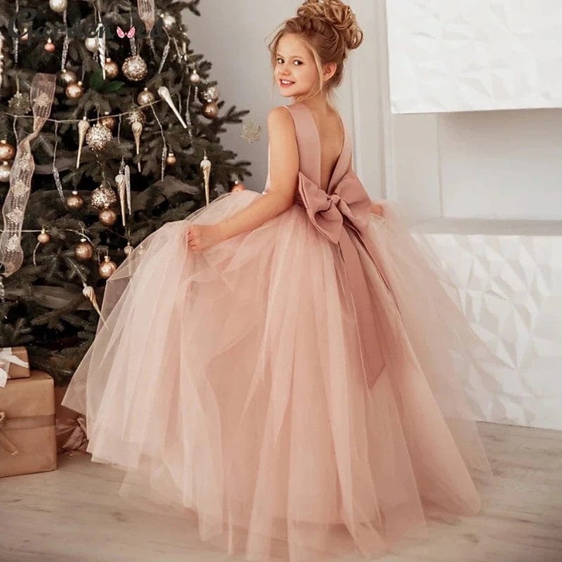 3m / Rose gold Sunnypetal Ball-Gown Satin Bow Tulle Pearls Floor-Length Flower Girl Dress