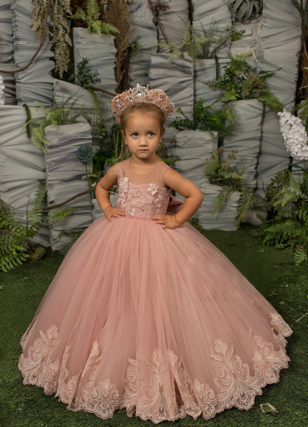 3m / Rose Pink Sunnypetal Rose Pink Floral Embroidery Floor-Length Tulle Flower Girl Dress with Bow