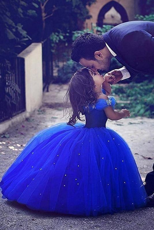 3m / Royal Blue Sunnypetal Off-The-Shoulder Ball Gown Flower Girls Dress Tulle With Beading