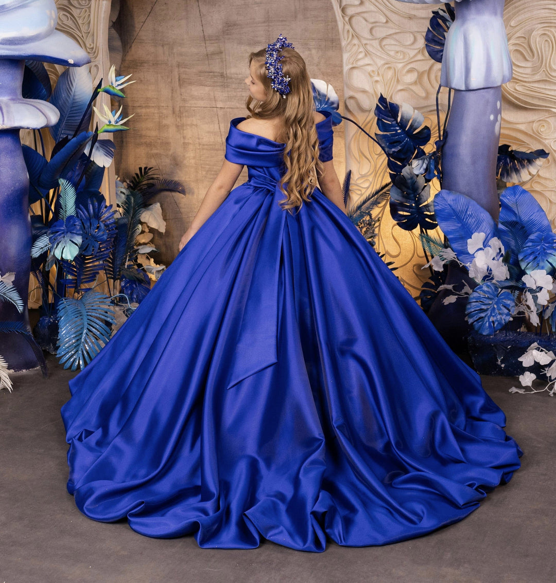 3m / Royal Blue Sunnypetal Royal Blue Off-The-Shoulder Bow Satin Flower Girl Dresses Long Princess Porm Gowns