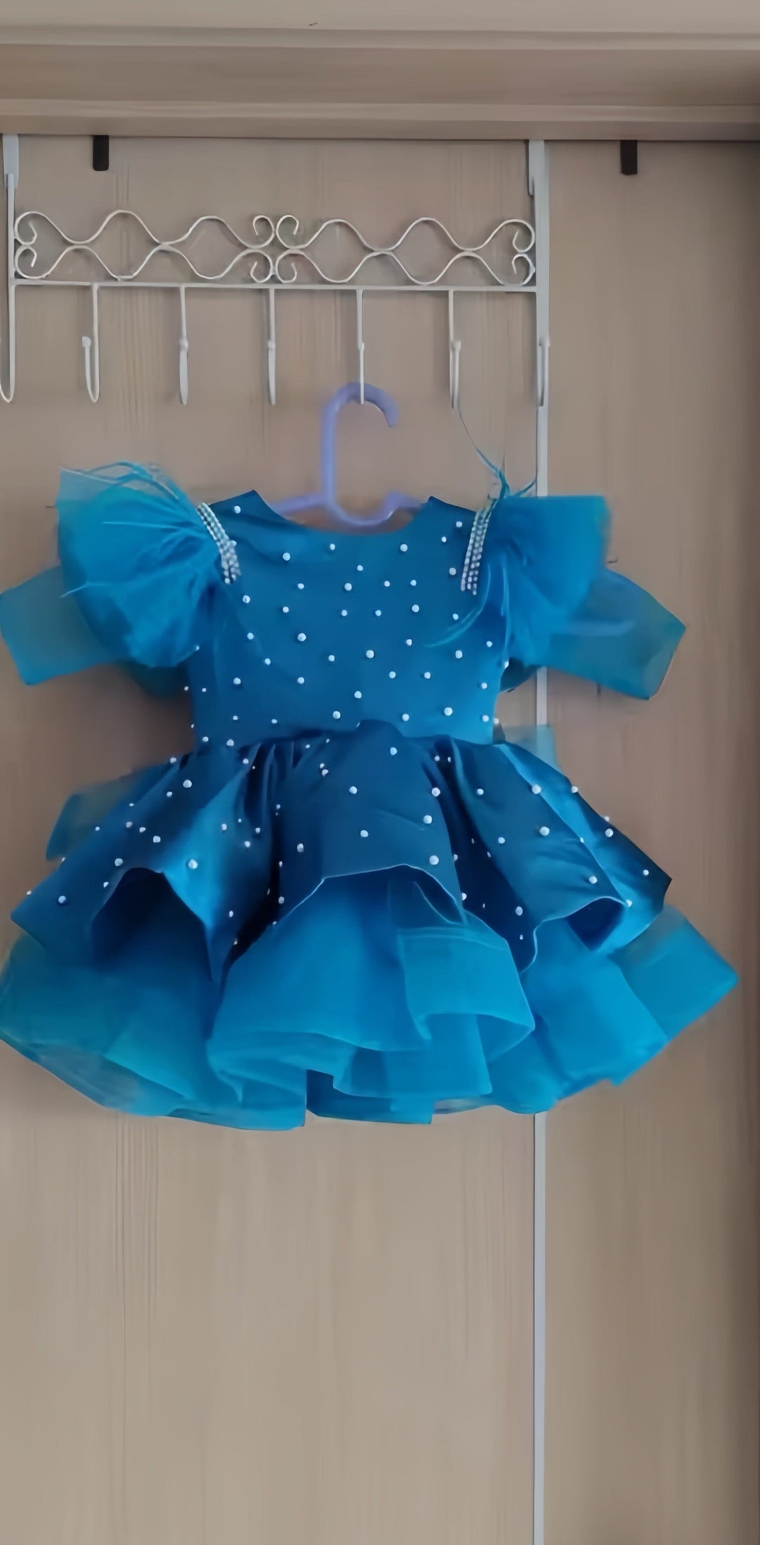 3m / Royal Blue Sunnypetal Satin Baby Toddler Flower Girl Dresses Pearls Bow Feather Birthday Party Dress