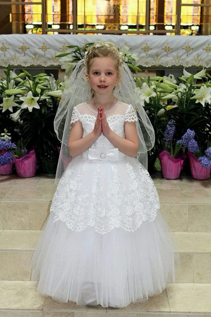 3m / White Sunnypetal A-Line Tulle Flower Girl Dresses Lace Cap Sleeve First Communion Dress With Bow Belt