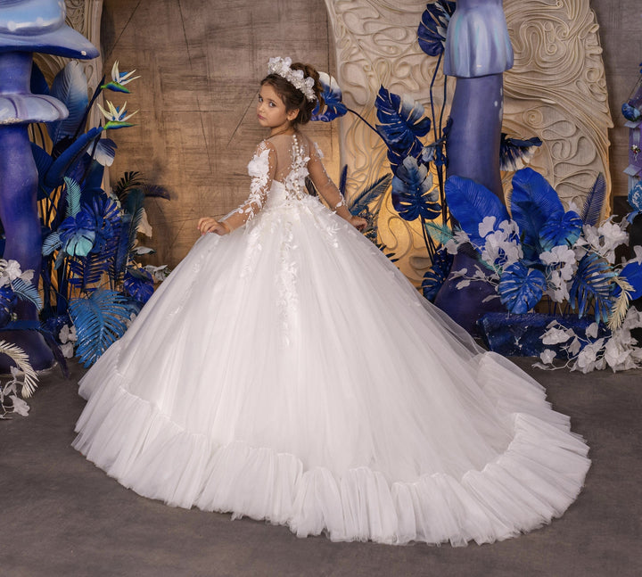 3m / White Sunnypetal Ball-Gown Elegant White Tulle Girl Dresses Long Sleeves Appliques Pearls With Train