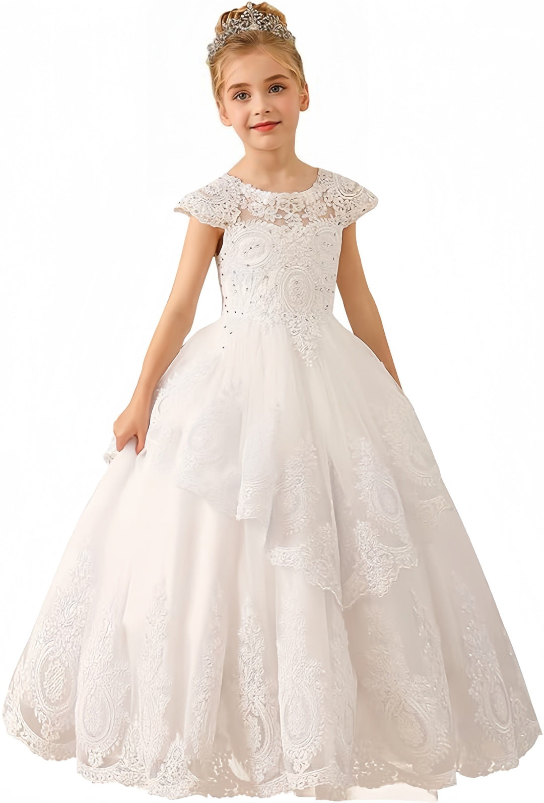 3m / White Sunnypetal Beaded Lace Appliques Flower Girl Dress First Communion Ball Gown Kids Dresses