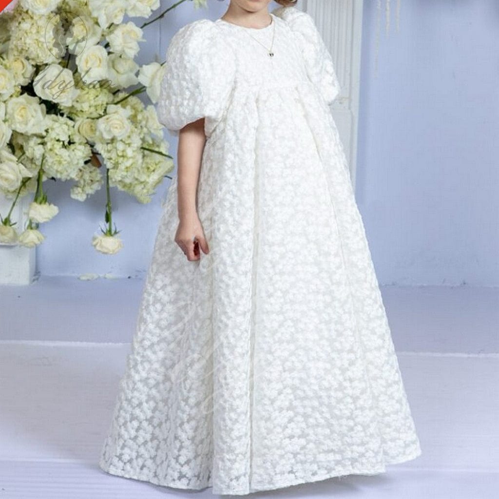 3m / White Sunnypetal Embroidery Hollow Out Lace Flower Girl Dresses Puff sleeves High Waisted Toddler Gowns