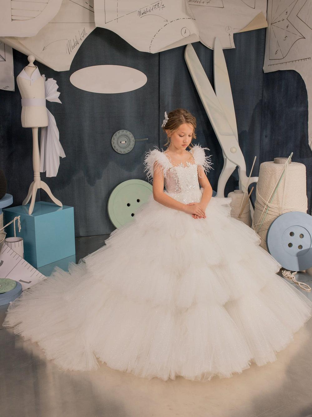 3m / White Sunnypetal Glitter Layered Tulle Flower Girl Dress Cap Sleeves Feather Pearls Sequins With Train