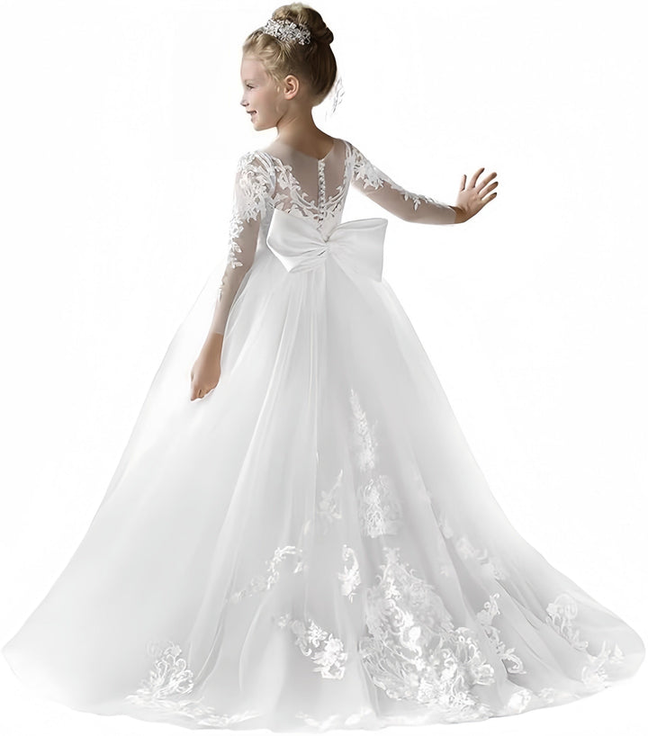 3m / White Sunnypetal Lace Tulle Wedding Flower Girl Dress Long Sleeve Applique with Bow Knot