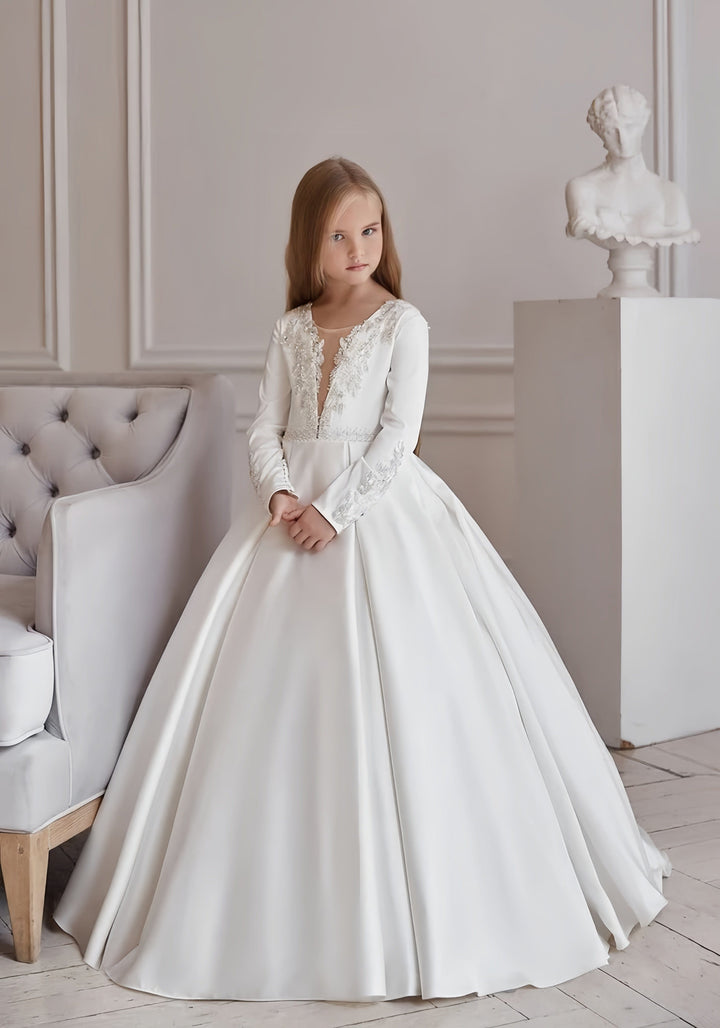 3m / White Sunnypetal Long Sleeves Satin Flower Girl Dresses Lace Appliques First Communion Gown