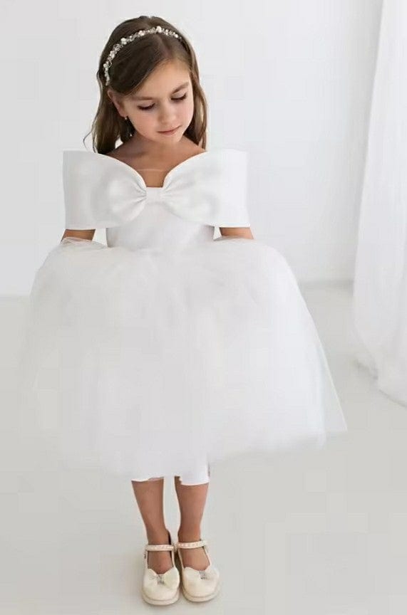 3m / White Sunnypetal Off Shoulder Bow Princess Tulle Flower Girl Dresses First Communion Baptism Gowns