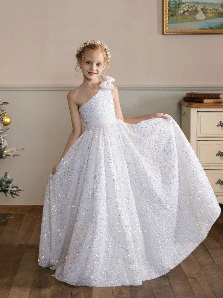 3m / White Sunnypetal One-Shoulder White Velvet Sequins Sleeveless Flower Girl Dresses with Bowknot