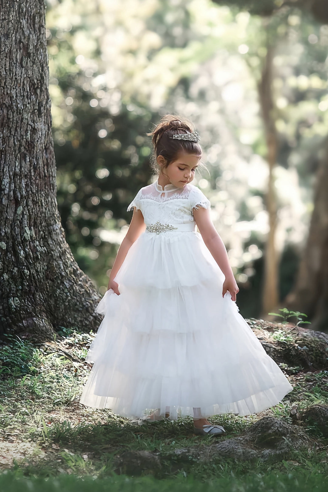 3m / White Sunnypetal Puffy Tulle White Flower Girl Dresses Lace High Neck First Communion Dress